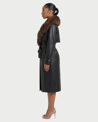 RUSILLA Faux Leather Fur Collar Belted Trench Coat