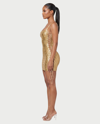 ZAKIYA Lace-Up Side Square-Neck Metallic Mini Dress