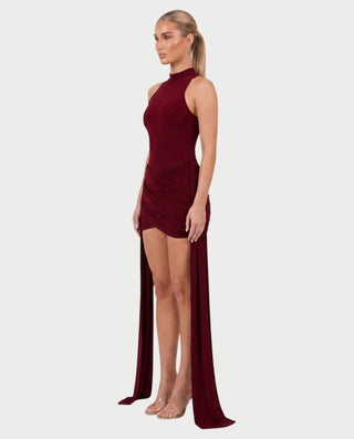 SALMA Mock Neck Draped Side-Tie Bodycon Mini Dress
