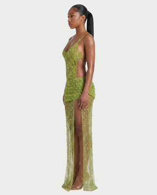 CARRINE Beaded Cutout Ruched Mesh Maxi Dress