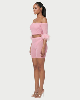 RAMIRA Faux Feather Trim Mesh Top & Shorts Set