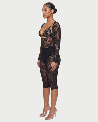 PRADA Floral Lace Long-Sleeve Bralette Top & Capri Pants Set
