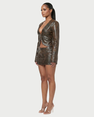 LEONIE Faux Crackle-Texture Cropped Jacket & Mini Skirt Set