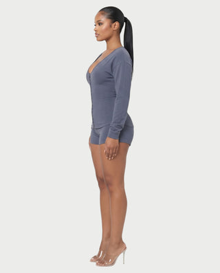 OBRINA Scoop Neck Long Sleeve Top & Bodycon Shorts Set