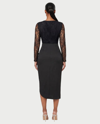 NOREEN Sheer Lace Corset Ruched Side-Drape Midi Dress