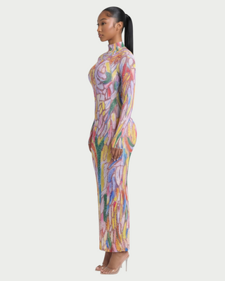 DALLIE Abstract Print Rhinestone Mock Neck Maxi Dress