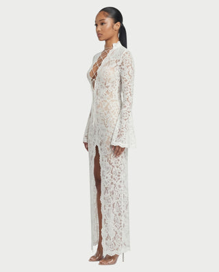 MAZE Floral Lace Crisscross Long-Sleeve High-Slit Maxi Dress