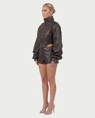 YUINA Faux Leather Balloon Sleeve Jacket & High-Waist Shorts Set