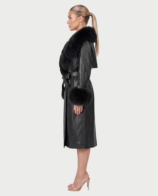 ZAMICA Faux Leather Faux Fur Collar Belted Trench Coat
