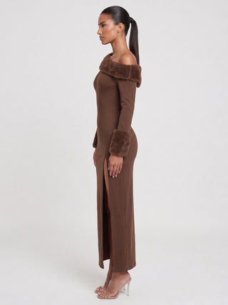 MAIRE Long Sleeve Faux Fur Cuff Fitted Maxi Dress