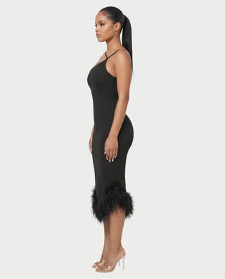 WINOMA Cross-Neck Strap Feather Hem Midi Dress
