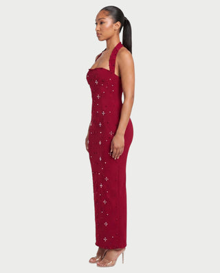 SHIVINA Beaded Halter Open-Back Bodycon Maxi Dress