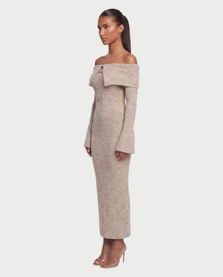 SAHALIE Bardot Neck Long Sleeve Knit Maxi Dress