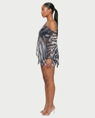 OVALINE Sheer Zebra Print One-Shoulder Top & Mini Skirt Set