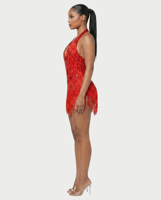 EMERA Rhinestone Beaded Halter Mini Dress