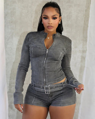 BLAKE Washed Denim Zip Up Top & Shorts Set