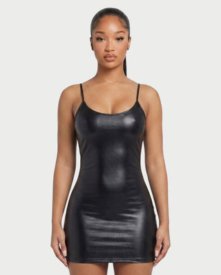 Vestido mini de piel sintética sin espalda JANE