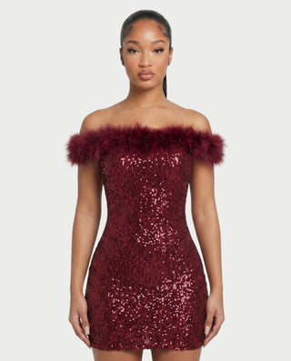 AMARA Minivestido de lentejuelas con ribete de plumas