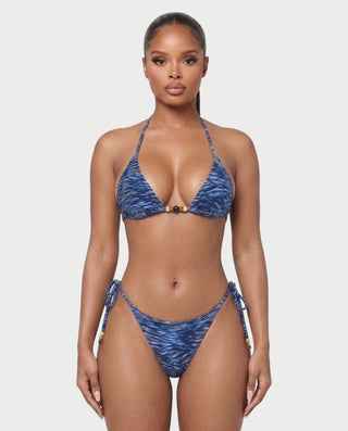 MIRAYA Tiger Print Beaded Triangle Tie-Side Bikini Set