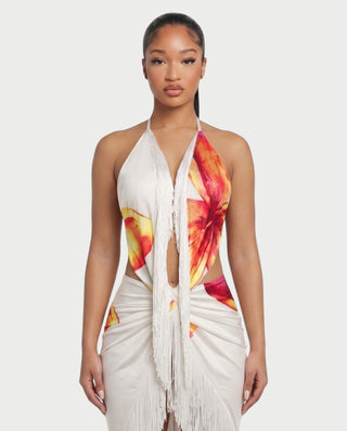 ZAREVA Tropical Floral Tassel Backless Maxi Dress