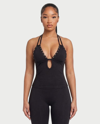 APHELIA Studded Plunge Halter Open-Back Top