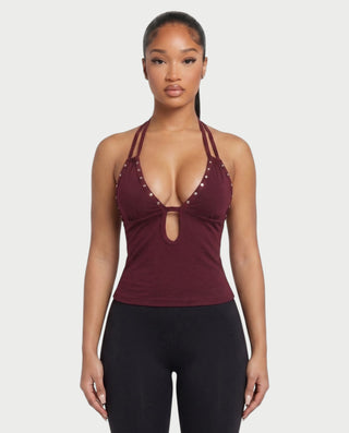 APHELIA Studded Plunge Halter Open-Back Top