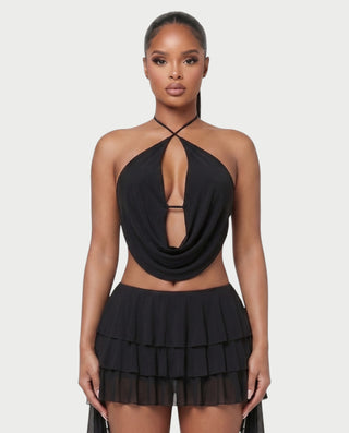 MARVILA Halter Drape Top & Sheer Ruffle Mini Skirt Set