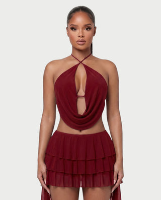MARVILA Halter Drape Top & Sheer Ruffle Mini Skirt Set