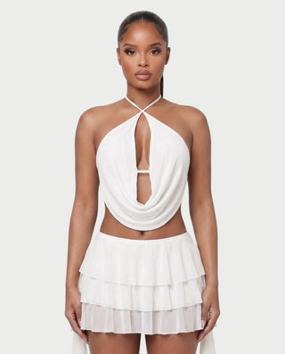 MARVILA Halter Drape Top & Sheer Ruffle Mini Skirt Set