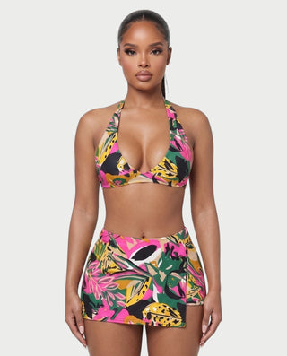 ARLITA Abstract Print Halter Bra Top & Mini Shorts Set