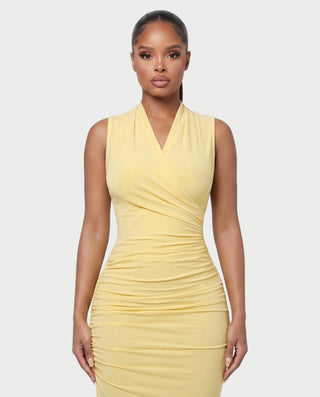 DELYANA Ruched Wrap V-Neck Bodycon Maxi Dress