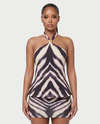 THERANA Zebra Print Halter Open-Back Mini Dress