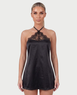 CAMRINA Satin Lace Halter Open-Back Mini Dress