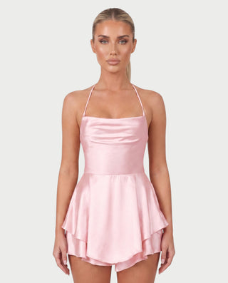 TANIYA Satin Lace-Up Open-Back Mini Dress