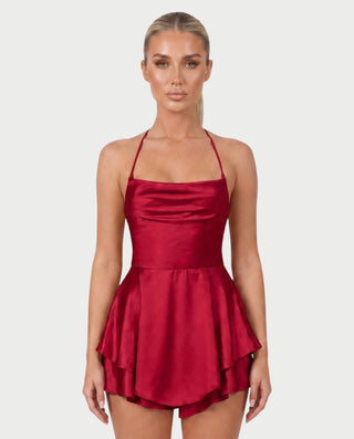 TANIYA Satin Lace-Up Open-Back Mini Dress