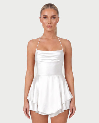 TANIYA Satin Lace-Up Open-Back Mini Dress