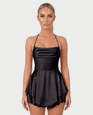 TANIYA Satin Lace-Up Open-Back Mini Dress