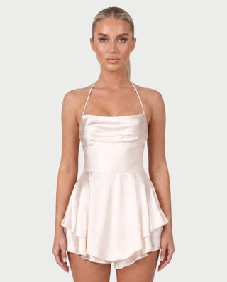 TANIYA Satin Lace-Up Open-Back Mini Dress