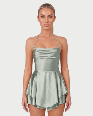 TANIYA Satin Lace-Up Open-Back Mini Dress