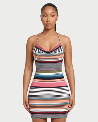 FALLA Striped Cowl Neck Open-Back Mini Dress