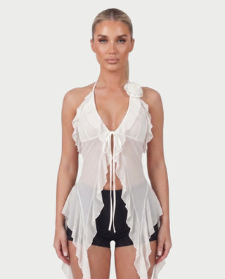 THELMA Sheer Halter Tie-Front Ruffle Top