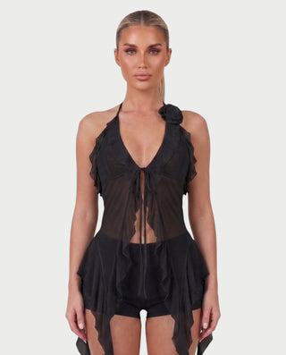 THELMA Sheer Halter Tie-Front Ruffle Top