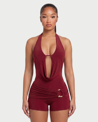 NISHKA Halter Draped Beaded Open-Back Romper