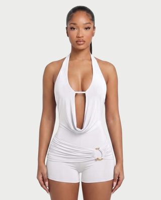 NISHKA Halter Draped Beaded Open-Back Romper