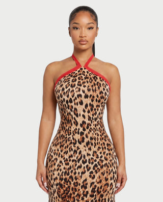 LAVENZA Leopard Halter Open-Back Maxi Dress