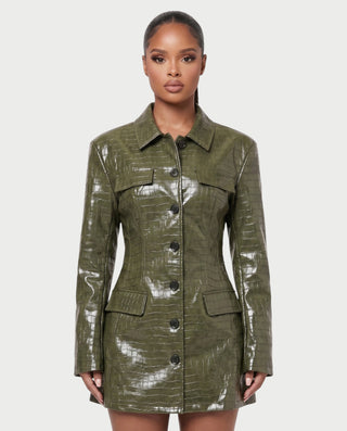 MIRLANA Croc-Embossed Collared Long Sleeve Mini Dress