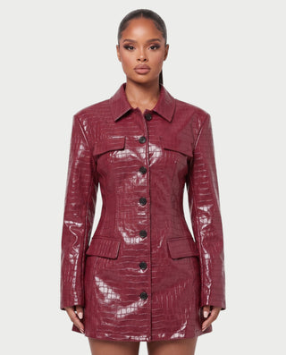 MIRLANA Croc-Embossed Collared Long Sleeve Mini Dress