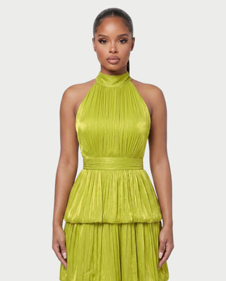 JOSSINA Pleated Halter Tiered Bubble Maxi Dress