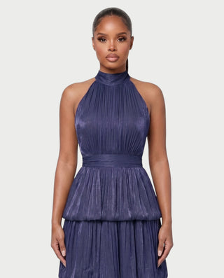 JOSSINA Pleated Halter Tiered Bubble Maxi Dress
