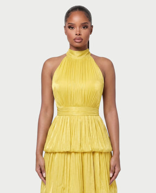 JOSSINA Pleated Halter Tiered Bubble Maxi Dress